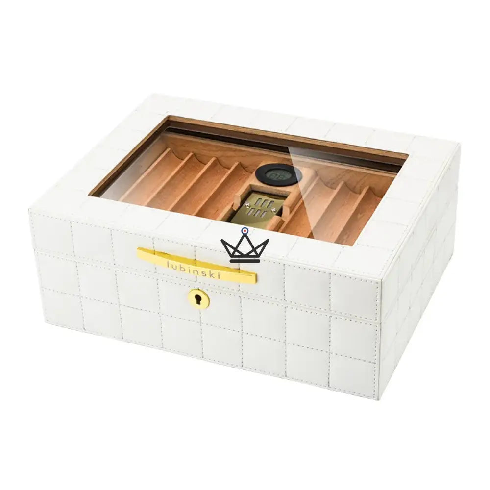 Norton Edition Cigar Humidor — Quilted Genuine Leather, 4 Colors, Cedar, Tray & Dividers, 50-60 Cigars — White