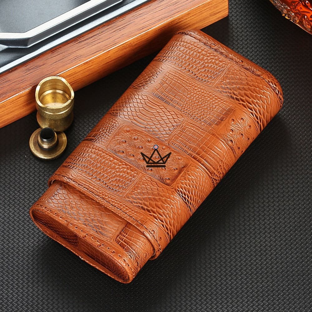 Krodilos Cigar Case — Genuine Croc-Pattern Leather, Spanish Cedar, 3 Cigars 22mm, Black or Brown — Brown