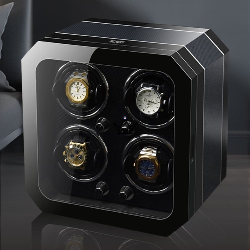 Automatic Watch Winder HEXAGONE LUXE — Precious Wood, Leather, 2 to 6 Watches, 5 Modes — Black / 4 Slots