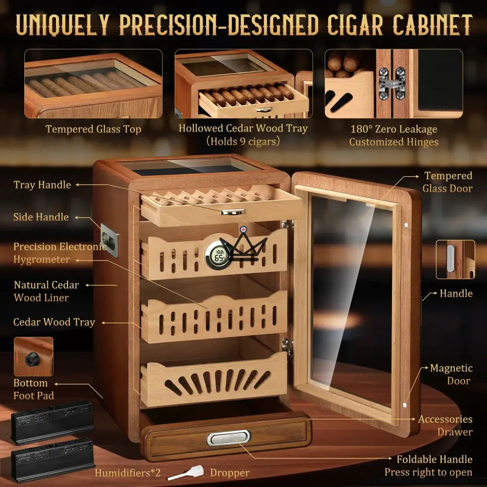 Vesuvius Sky Cigar Humidor — Cedar, Glass Top 9 Slots, 3 Drawers, Accessory Drawer, Digital Hygrometer & 2 Humidifiers, Up to 150 Cigars — view 10