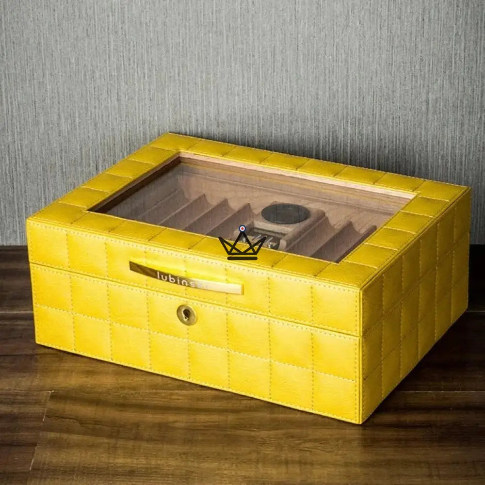 Norton Edition Cigar Humidor — Quilted Genuine Leather, 4 Colors, Cedar, Tray & Dividers, 50-60 Cigars — Yellow