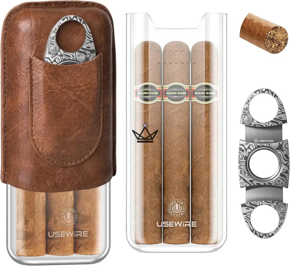 Estuche para cigarros Vanguard: cuero genuino y acrílico HD transparente, 3 cigarros, cortapuros de doble hoja incluido, negro o marrón Estuche para cigarros Vanguard: cuero genuino y acrílico HD transparente, 3 cigarros, cortapuros de doble hoja incluido, negro o marrón