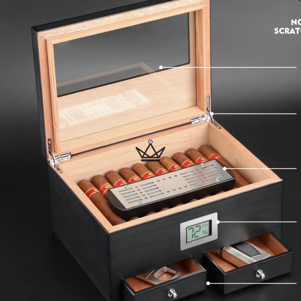 Zigarrenhumidor DUNE — massives spanisches Zedernholz, Glasplatte, 2 Frontschubladen, digitales Hygrometer, 50 Zigarren – Ansicht 3