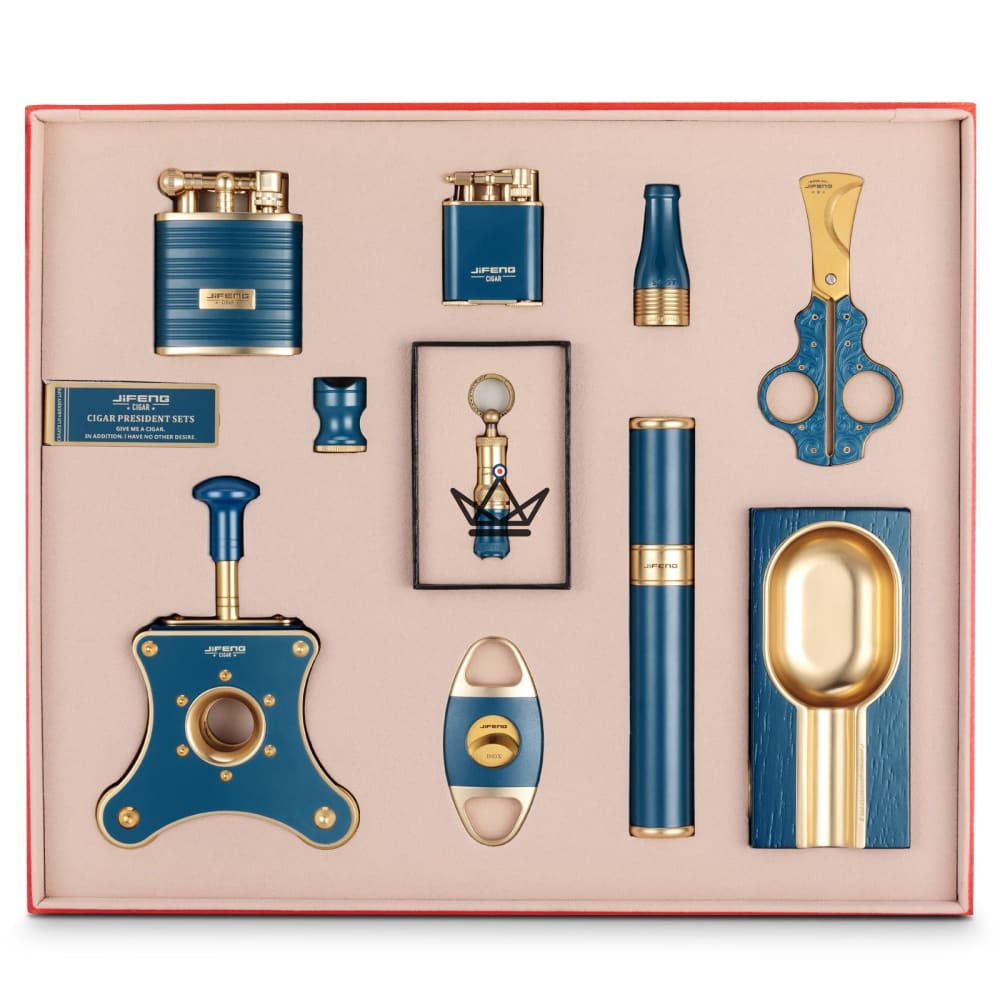 EZOV Luxury Cigar Set — 10 Pieces, Stainless Steel, Black · Blue · Red — Blue