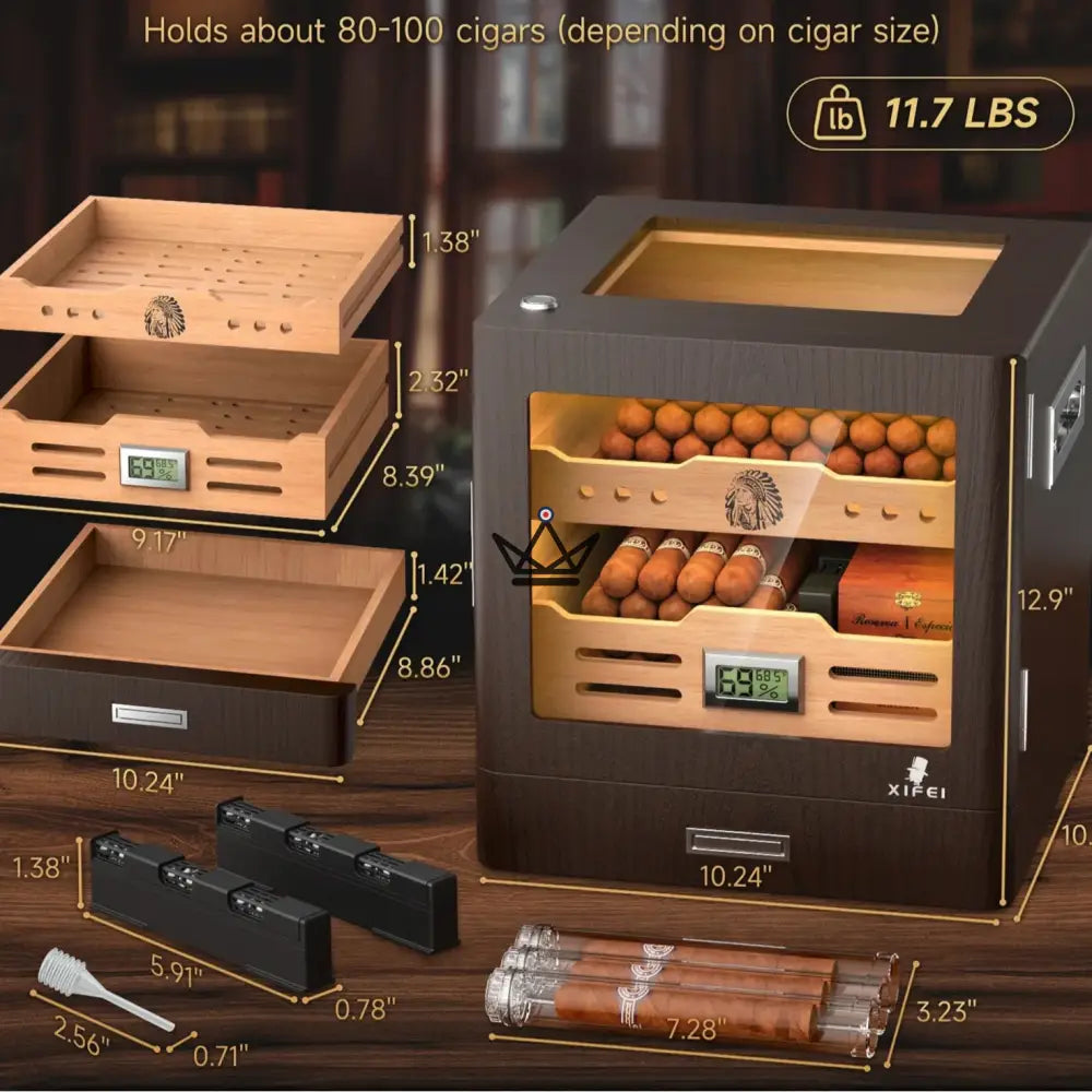Zigarrenhumidor Dominion Legacy – spanische Zeder, Glasfront, 3-farbige Touch-LED, 100 Zigarren, Digitalhygrometer & 2 Gel-Befeuchter – Ansicht 3