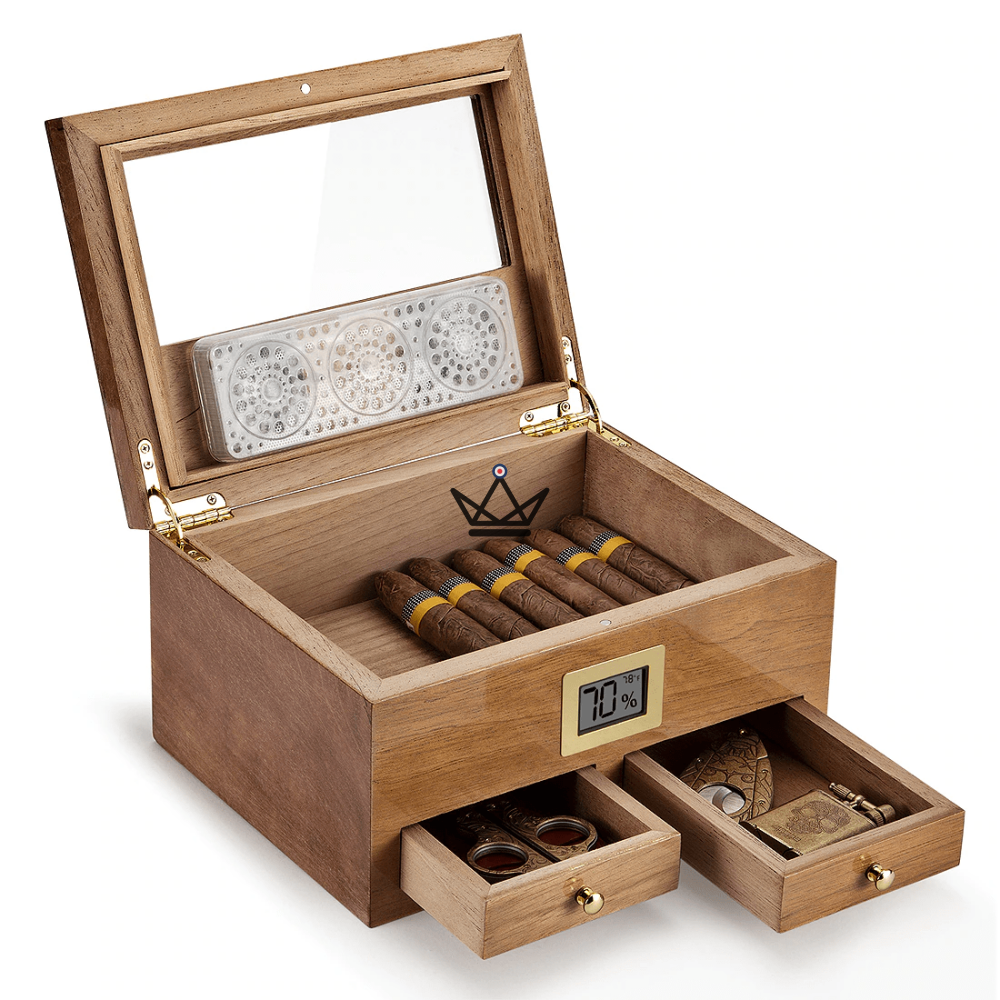 DUNE Cigar Humidor – solid Spanish cedar, glass top, 2 front drawers, digital hygrometer, 50 cigars — Original