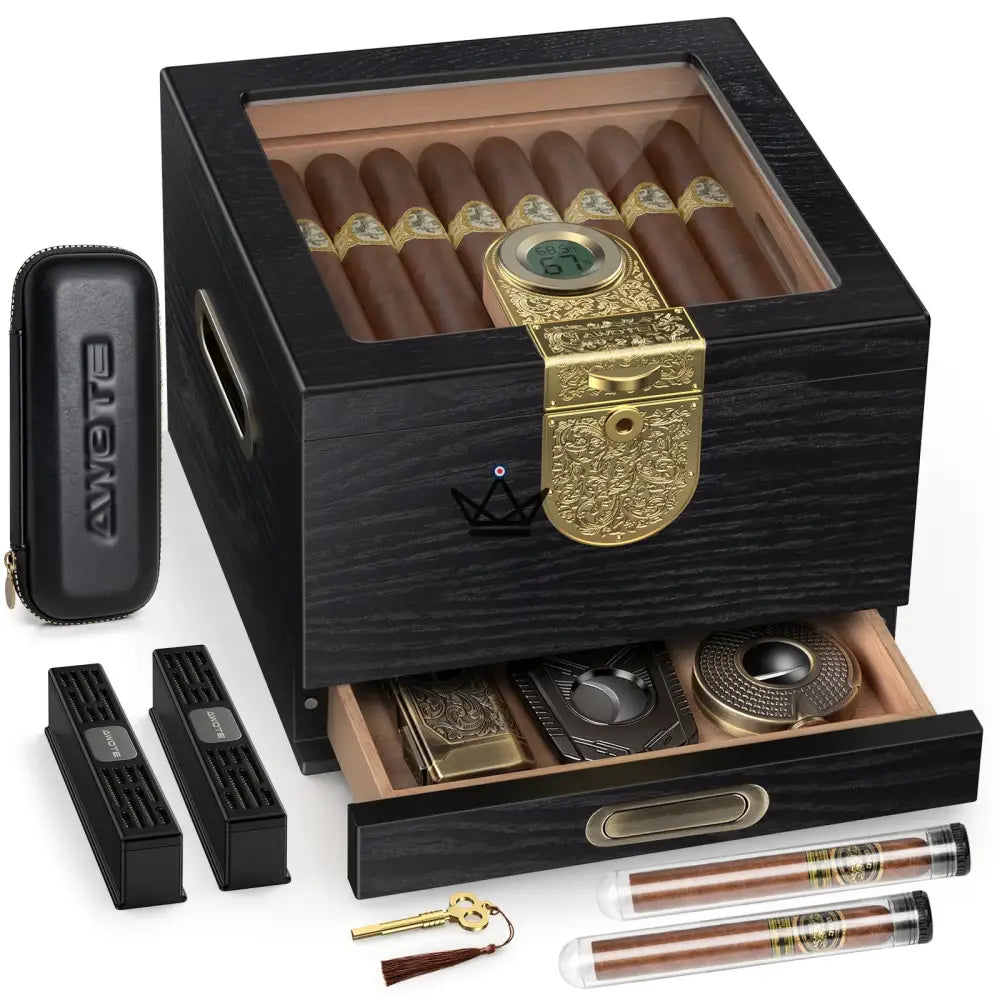 3-in-1 Keeper Heritage Set — Spanish cedar humidor with glass top, key lock, travel leather case, 2 airtight tubes, 50 cigars, digital hygrometer — Deep Black