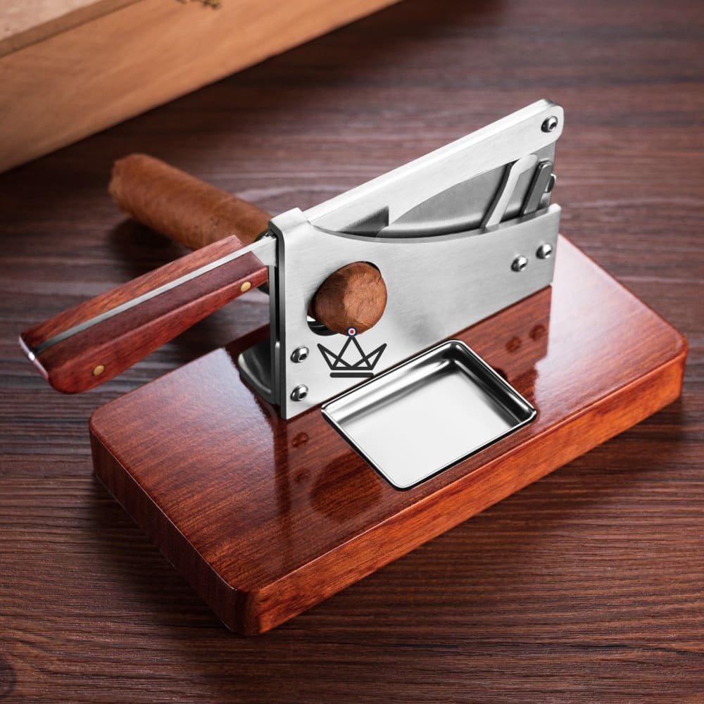 Cortador de cigarros de escritorio HELIX Loop — Cortador de palanca de madera maciza y acero inoxidable | Bandeja de captura integrada