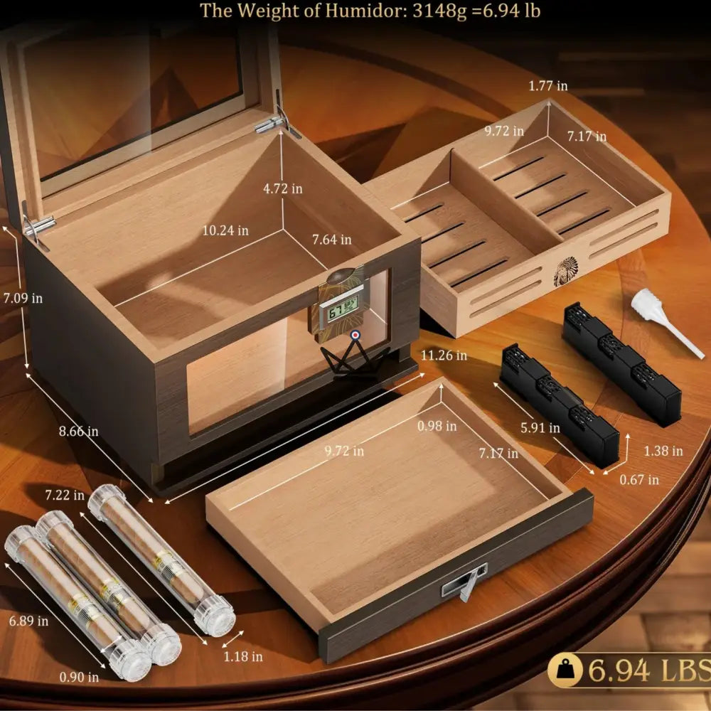 Dominion Heritage Cigar Humidor — Spanish Cedar, Glass Top, 80 Cigars, 2 Digital Hygrometers, 2 Gel Humidifiers & 3 Travel Tubes — view 4
