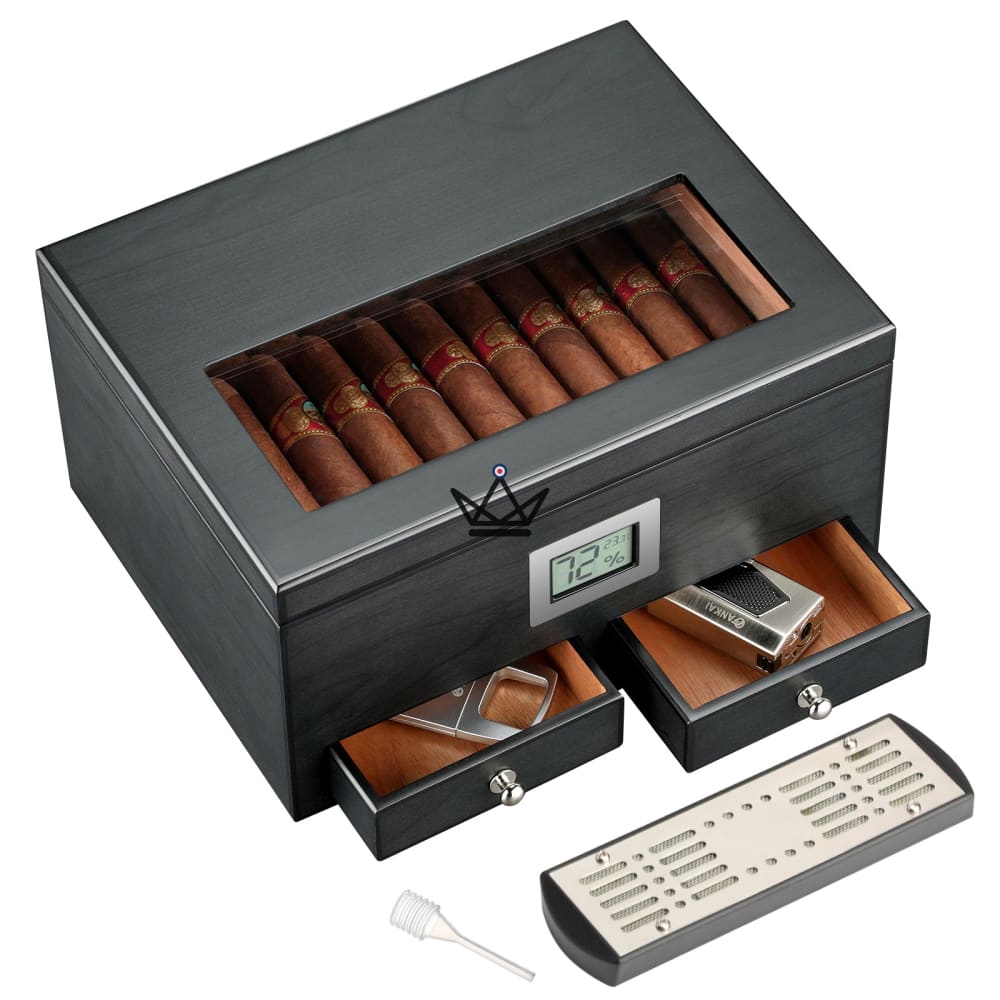 DUNE Cigar Humidor – solid Spanish cedar, glass top, 2 front drawers, digital hygrometer, 50 cigars — view 4