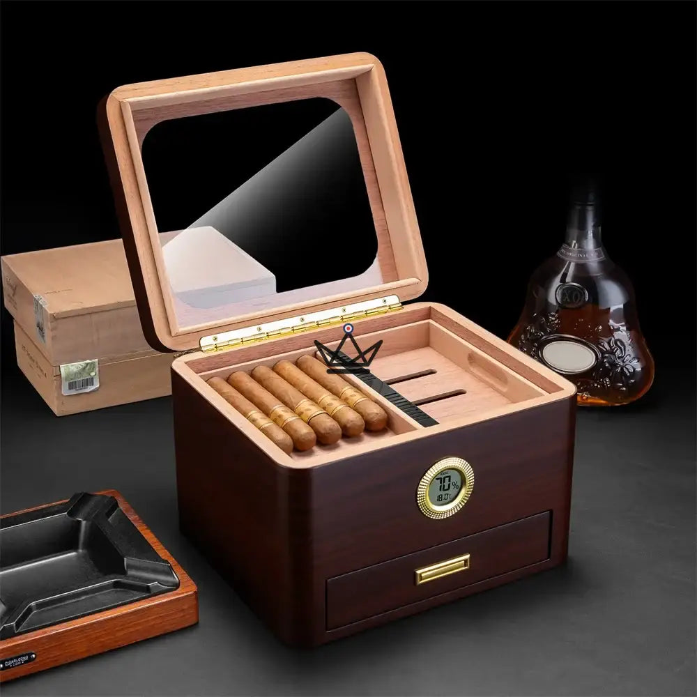 Equinox Humidor — Spanish Cedar, Gold Glass Top, 65 Cigars, Digital Hygrometer, Airtight Seal — view 3