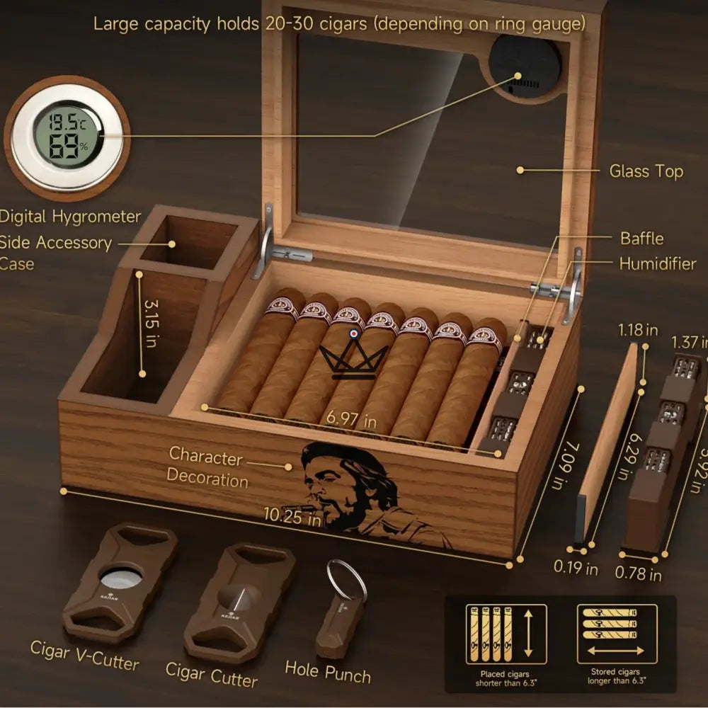 Libertador Cigar Humidor — solid cedar, glass lid, 30 cigars, digital hygrometer, gel humidifier, flat cutter, V-cutter & punch included — view 4