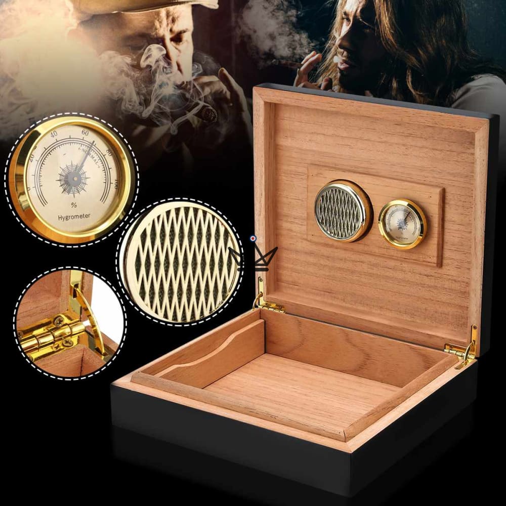 Zigarrenhumidore BLACK WOOD — Zedernholz, 20 Zigarren, Hygrometer & Befeuchter