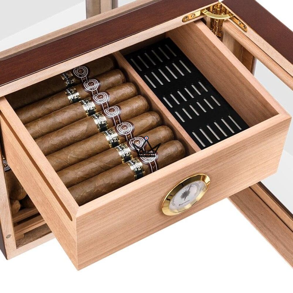 CRYSTAL CUBE Cigar Humidor — 5 glass sides, Spanish cedar, +100 cigars, 30-cigar drawer, front hygrometer — view 3