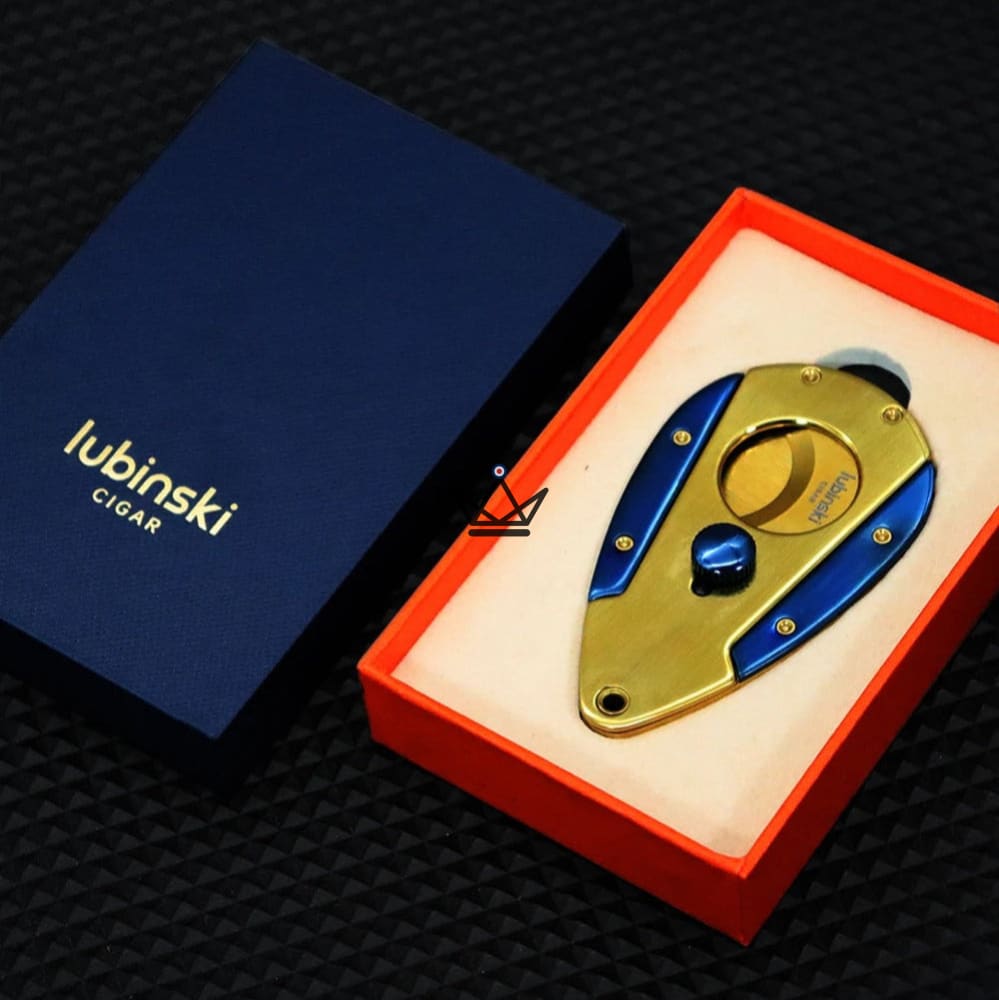 Azzurro Edition Guillotine Cigar Cutter — Double Blade Stainless Steel, Brushed Gold & Sapphire Blue Finish, Ø 22 mm, Gift Box & Pouch Included — view 6