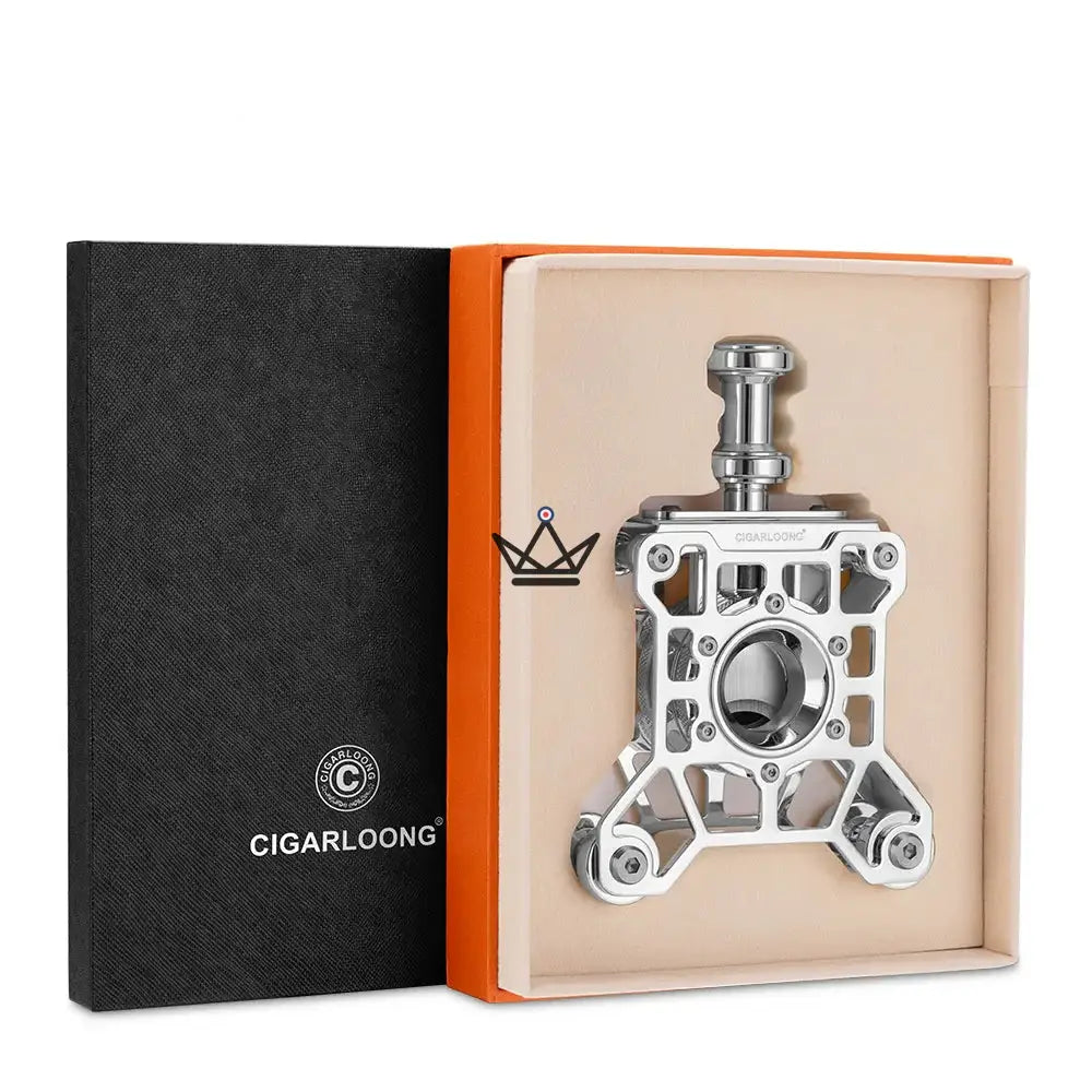 Machina Prestige Desktop Cigar Cutter — Solid Stainless Steel, Vertical Mechanism, Ø 23 mm, Mirror Gold & Frosted Chrome Finishes, Luxury Box — view 8