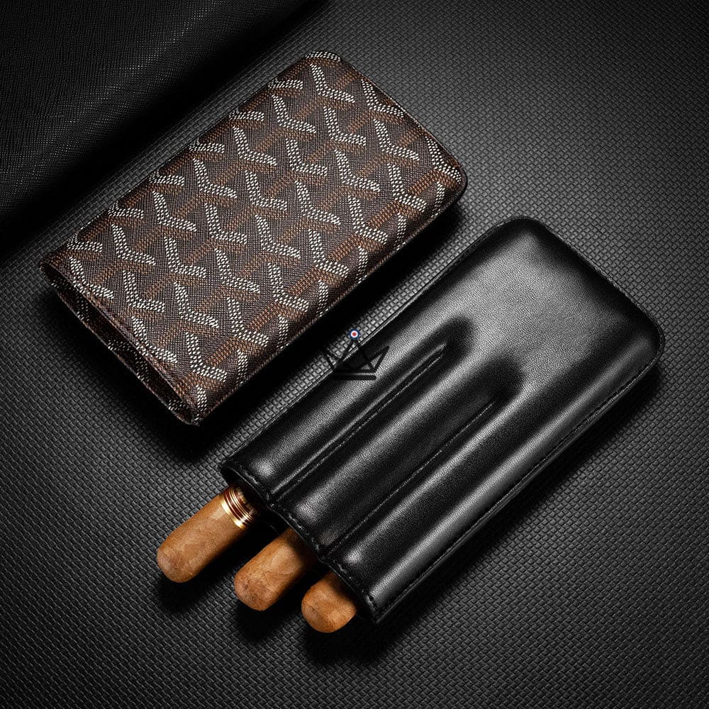 ALPINE Luxury Cigar Case — Soft Geometric Engraved Leather, 2 or 3 Cigars | Green · Black · Orange — 3 Cigars / Black