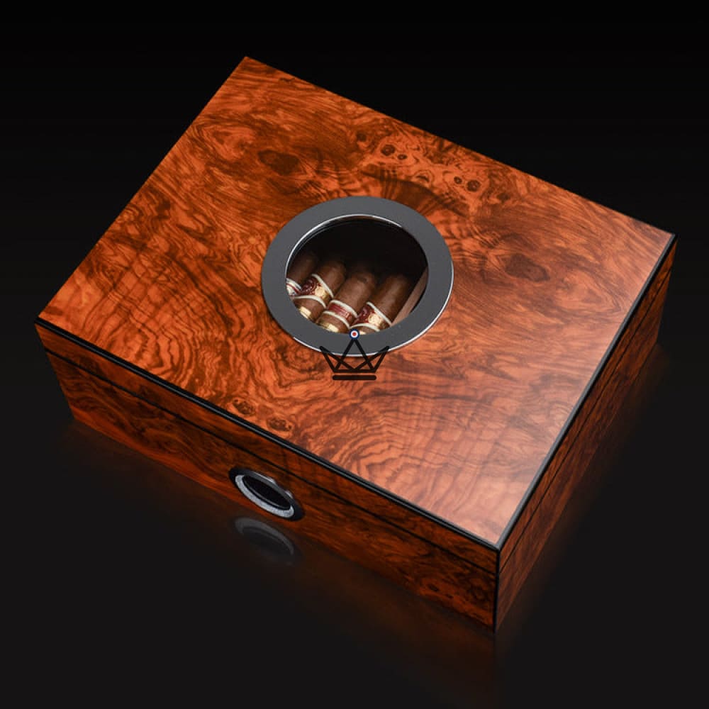 Hublot Prestige Amber Mahogany Cigar Humidor — Spanish cedar, tempered glass window, 50 cigars, digital hygrometer & magnetic humidifier — view 2