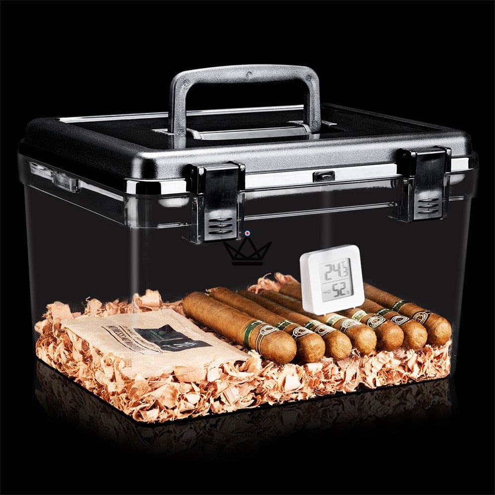 Crystal Square Jar Humidor — clear acrylic, black or silver airtight lid, size M or L, 50-100 cigars — view 2