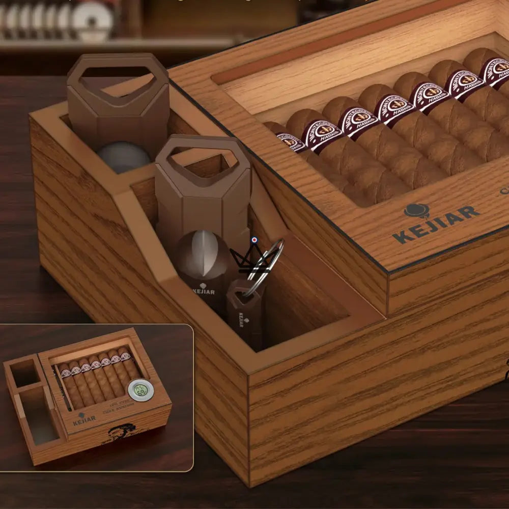 Zigarrenhumidor Libertador – Massivholz-Zeder, Glasdeckel, 30 Zigarren, digitaler Hygrometer, Gel-Befeuchter, Flachschneider, V-Cutter und Puncher enthalten – Ansicht 6