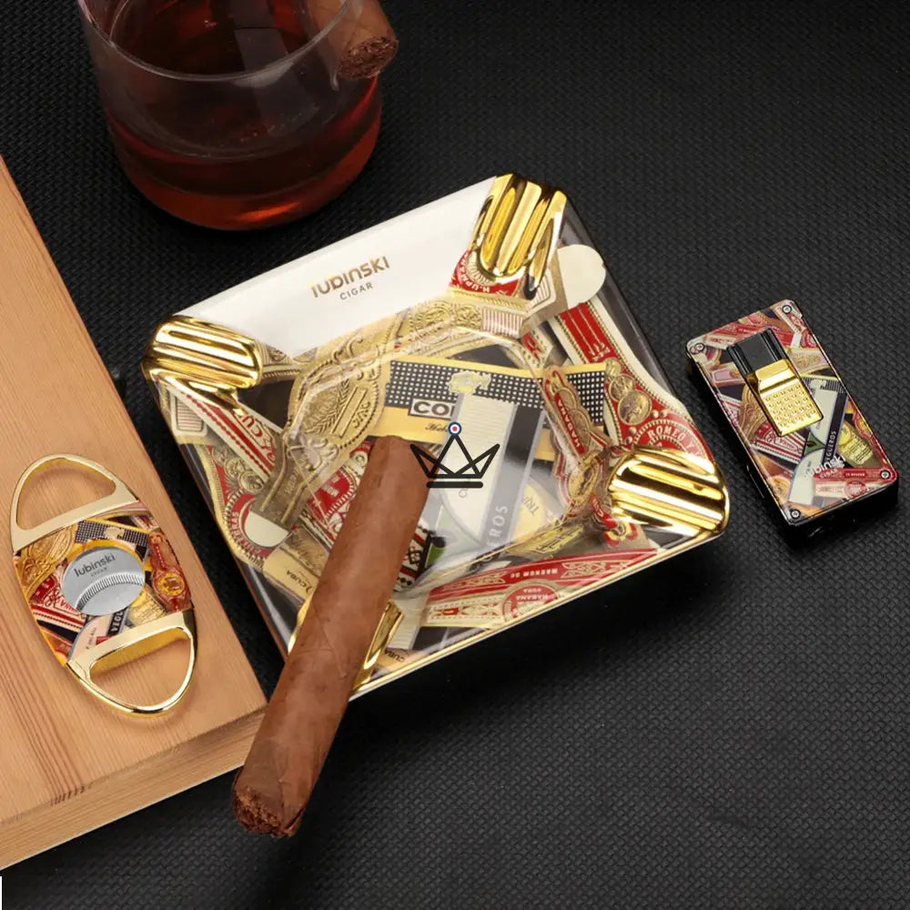 MAESTRO STARS Luxury Cigar Accessories Pack — Ceramic Ashtray + Lighter + Cutter | Gold Finish — Legacy