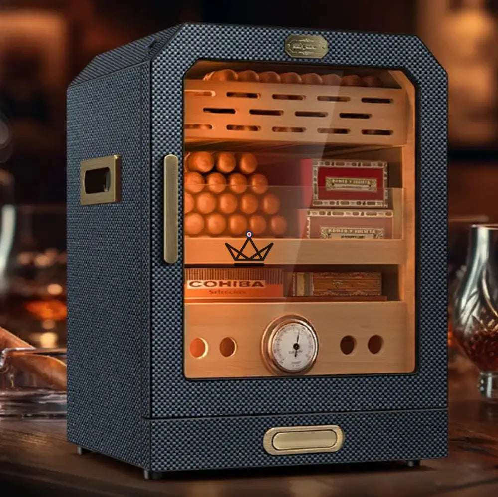 Prestige Cedar Lux Cigar Humidor - Cedar, Touch LED, 100-150 Cigars, Glass Drawer, 2 Humidifiers, Front Hygrometer, Walnut or Carbon — Fibre de Carbon