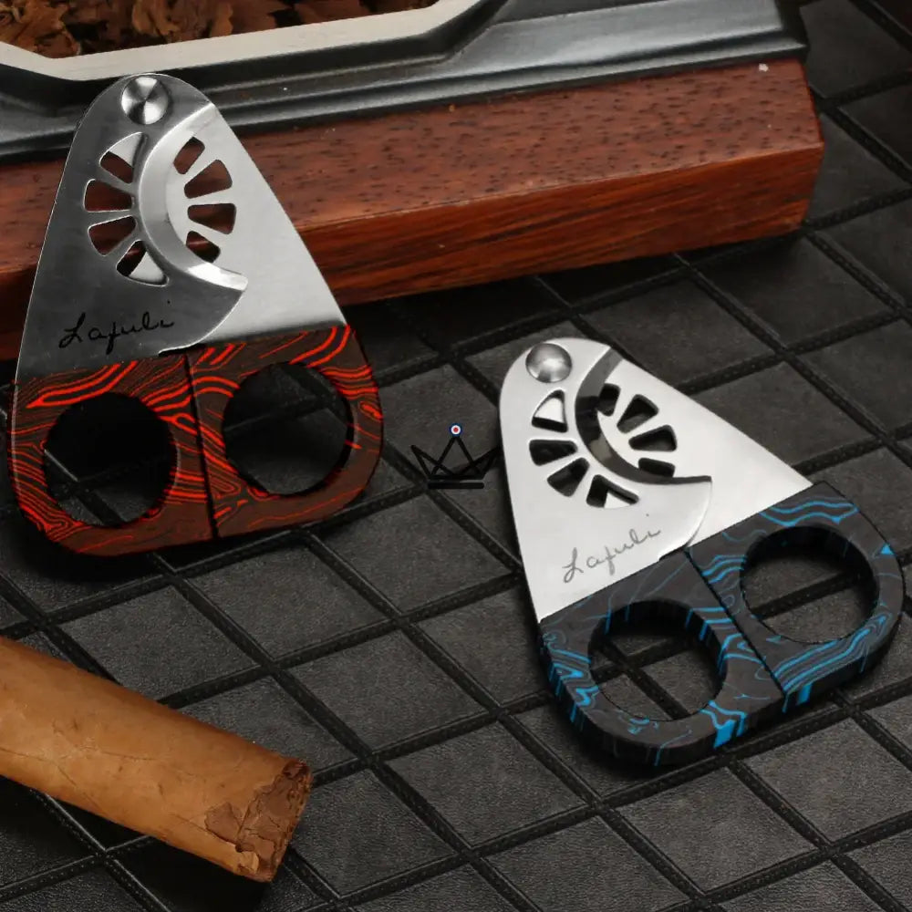 Master Cigar Cutter 100 — Guillotina de doble hoja de acero inoxidable, calibre de anillo 60, colores carmesí y medianoche, caja exclusiva naranja
