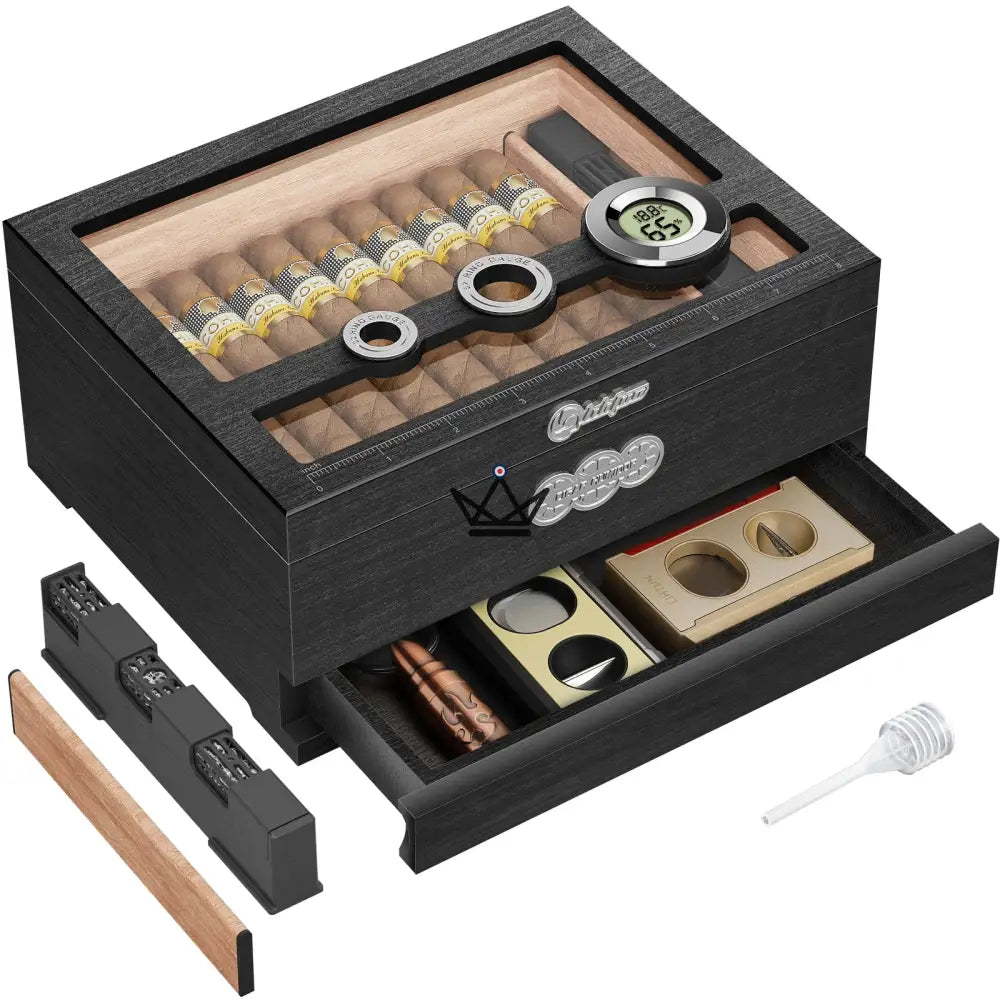 Orbis Vault Humidor — Spanish Cedar, Glass Top, Digital Hygrometer & Gel Humidifier — Onyx Edition