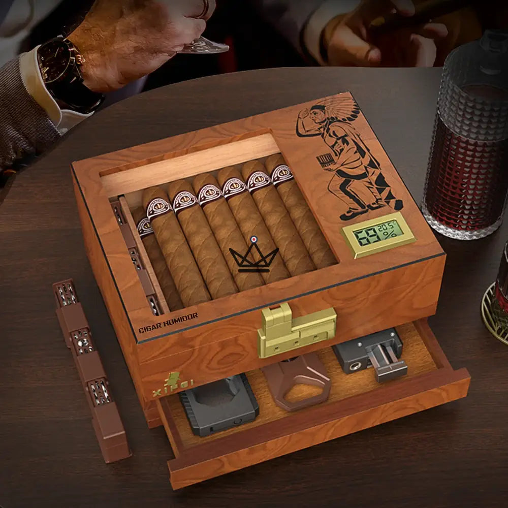 Humidor de cigarros Vault Indio - Cedro español, cerradura de combinación, tapa de vidrio, 20-30 cigarros, higrómetro digital y humidificador de gel