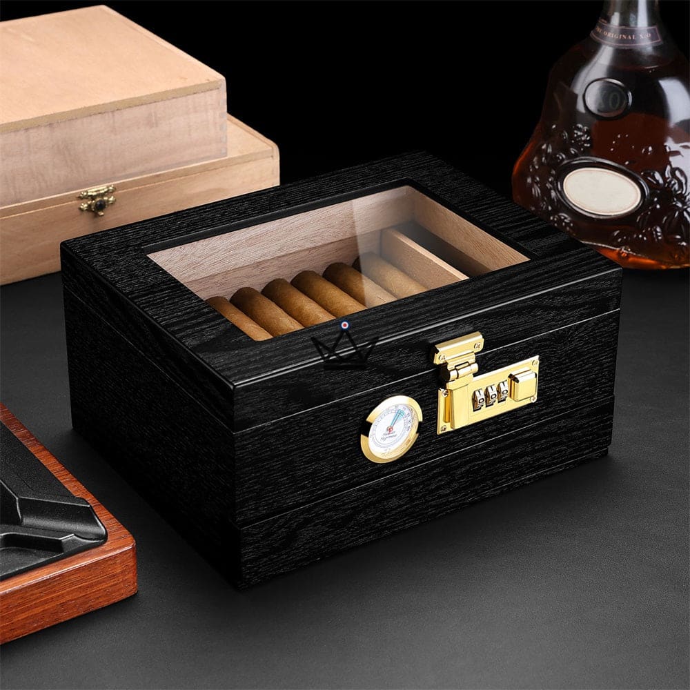 Humidor Enigma Moon – Zeder, Glasdeckel, Code-Schloss, Schublade, 30 Zigarren | Solo oder Orion (Aschenbecher, Feuerzeug, Zigarrenschneider) – Ansicht 6