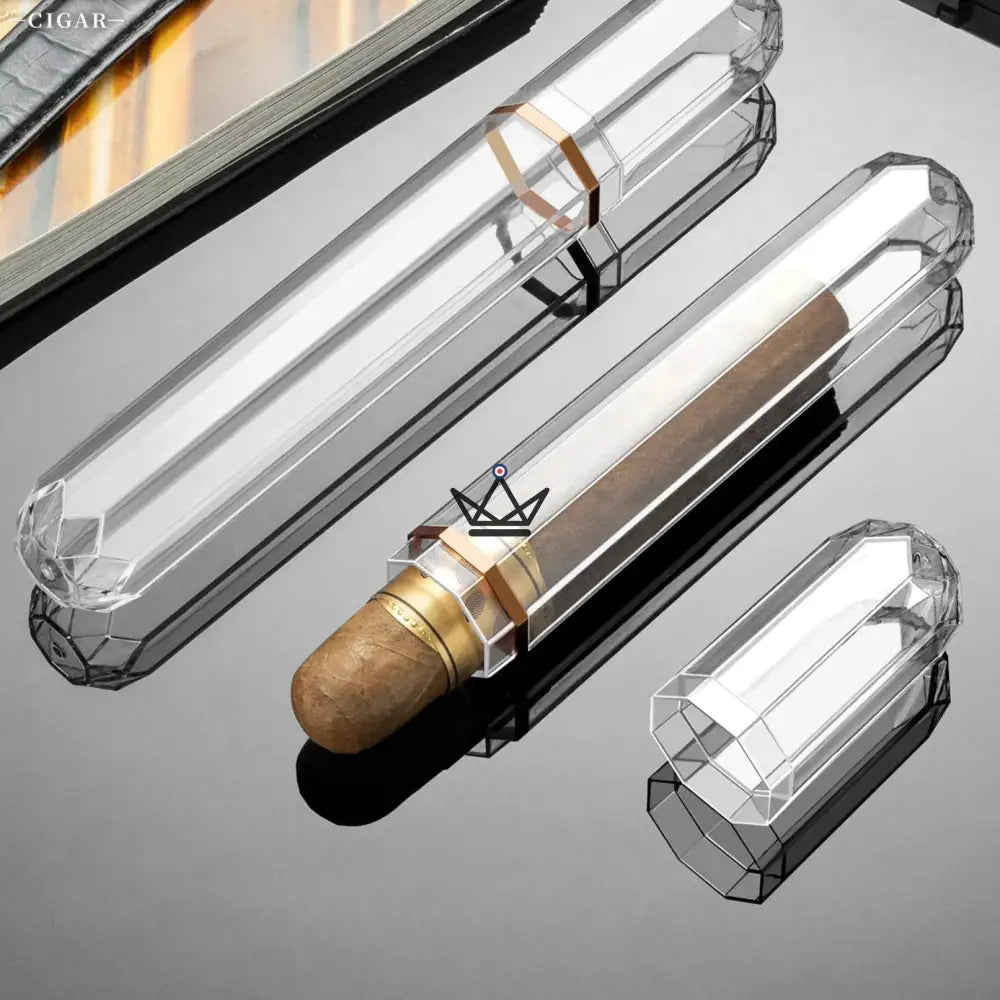PRISM faceted crystal acrylic cigar tube — octagonal, gold ring, 165 mm — view 2