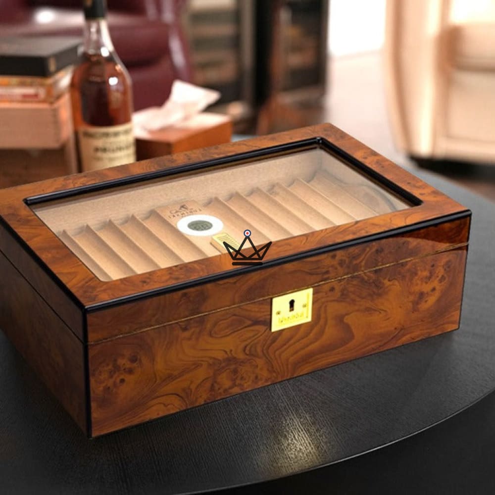 Prince Arthur Deluxe Humidor — lacquered exterior, cedar interior, 50 cigars, hygrometer & humidifier included — view 1