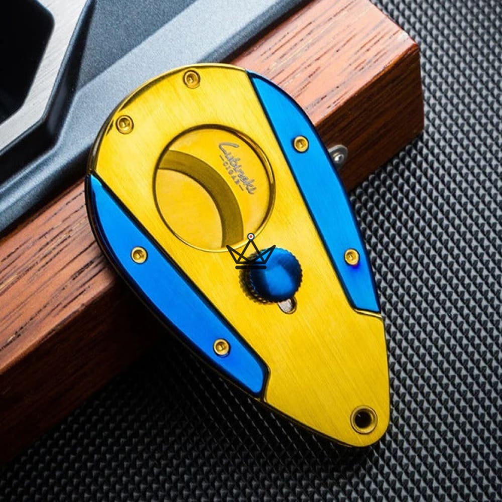 Azzurro Edition Guillotine Cigar Cutter — Double Blade Stainless Steel, Brushed Gold & Sapphire Blue Finish, Ø 22 mm, Gift Box & Pouch Included — view 2