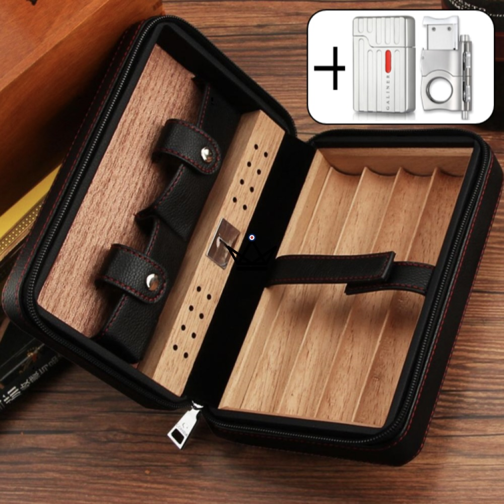 Leather & Cedar Travel Humidor — 5 Cigars | Prime Style — Black / IgnitionPro