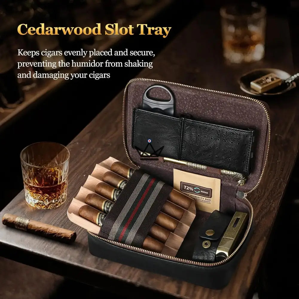Magyars Wood Cigar Case — 5-cigar cedar tray, double-bladed cigar cutter, dragon head needle & Boveda 72% kit — view 5