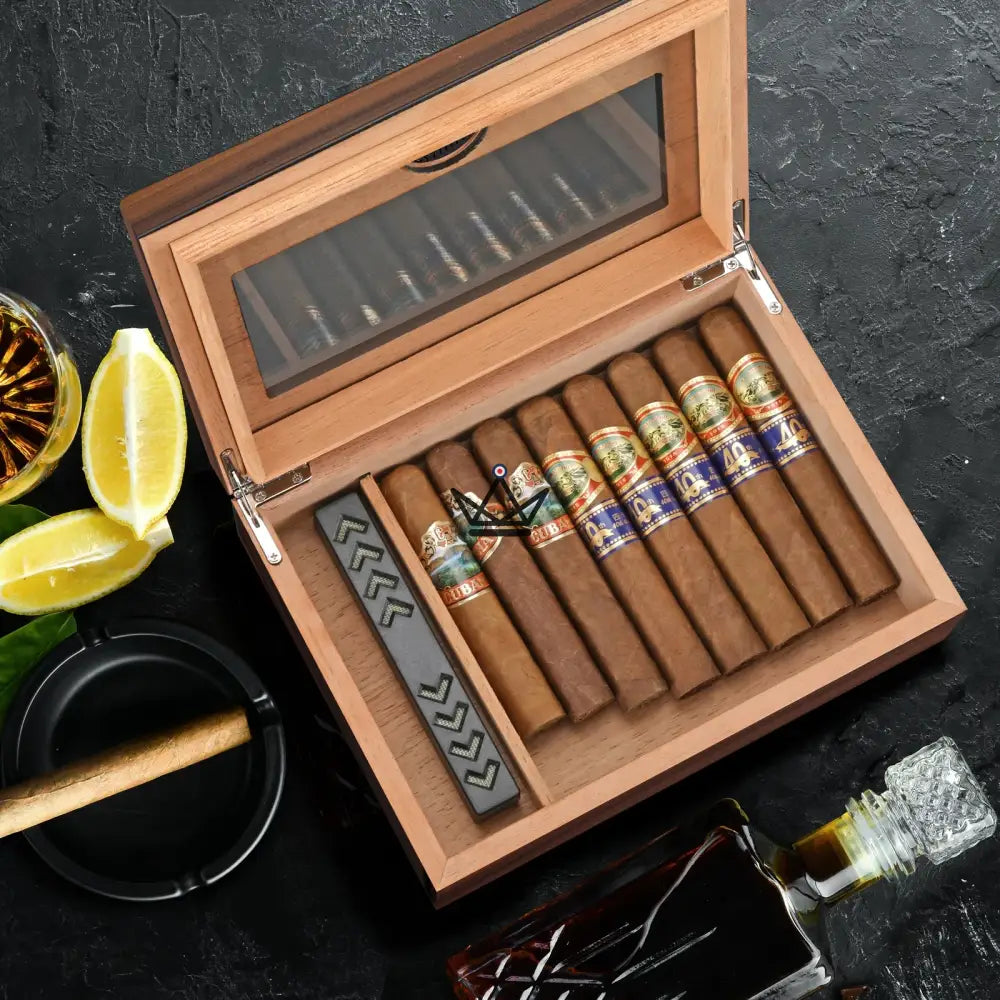 Vista Sun Humidor — Spanish Cedar, Walnut Finish, Glass Top, 20-30 Cigars, Digital Hygrometer & Gel Humidifier — view 3