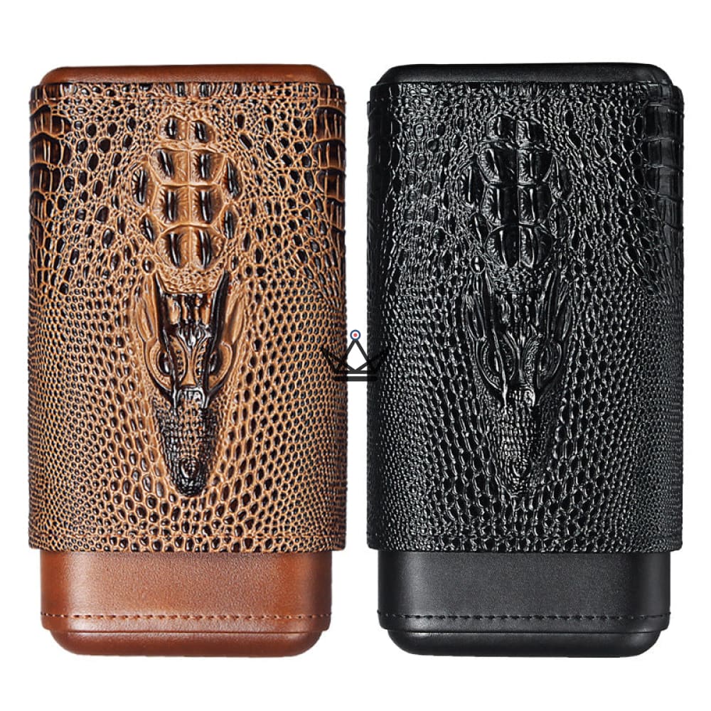 Estuche para cigarros WILD CEDAR: cuero de vaca y cedro, patrón de cocodrilo, 3 cigarros | Marrón · Negro