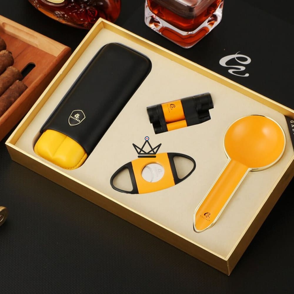 Caja de cigarros GALVANO ELITE — Estuche de Cuero para 2 cigarros + Cortador + encendedor de llama jet + Cenicero Caja de cigarros GALVANO ELITE — Estuche de Cuero para 2 cigarros + Cortador + encendedor de llama jet + Cenicero