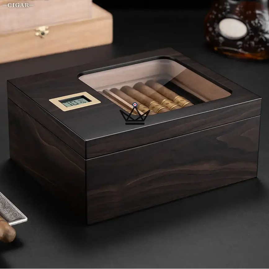 Elegancia Vision Humidor — Spanish Cedar, Glass Top, 55 Cigars, Digital Hygrometer, 4 Finishes — Prestige Walnut