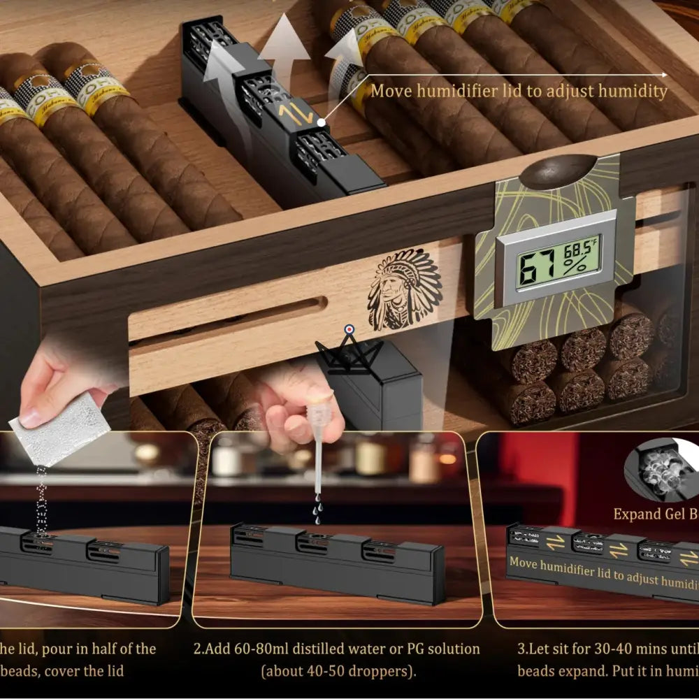 Cave à cigares Dominion Heritage — cèdre espagnol, couvercle vitré, 80 cigares, 2 hygromètres digital, 2 humidificateurs gel & 3 tubes voyage — image 7