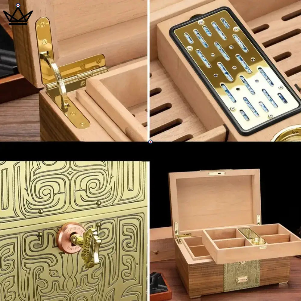 Héritage Empyrean Cigar Humidor — solid wood & cedar, ~100 cigars, lock, dual zone, gold or silver — view 3