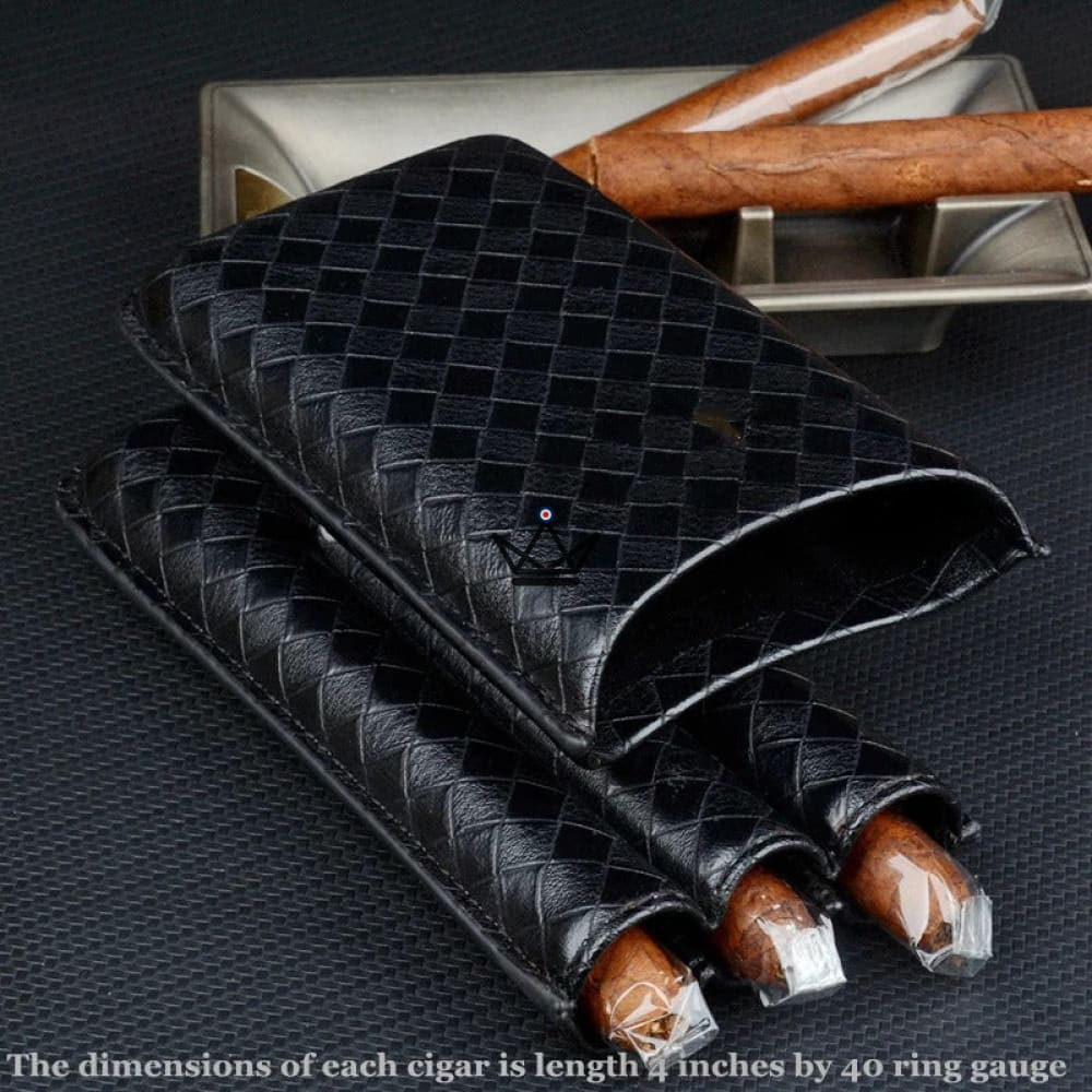Zigarrenetui GRID Optimus – geflochtenes Rindsleder, 3 Zigarren 25 mm, Textilfutter, Schwarz oder Braun – Ansicht 5