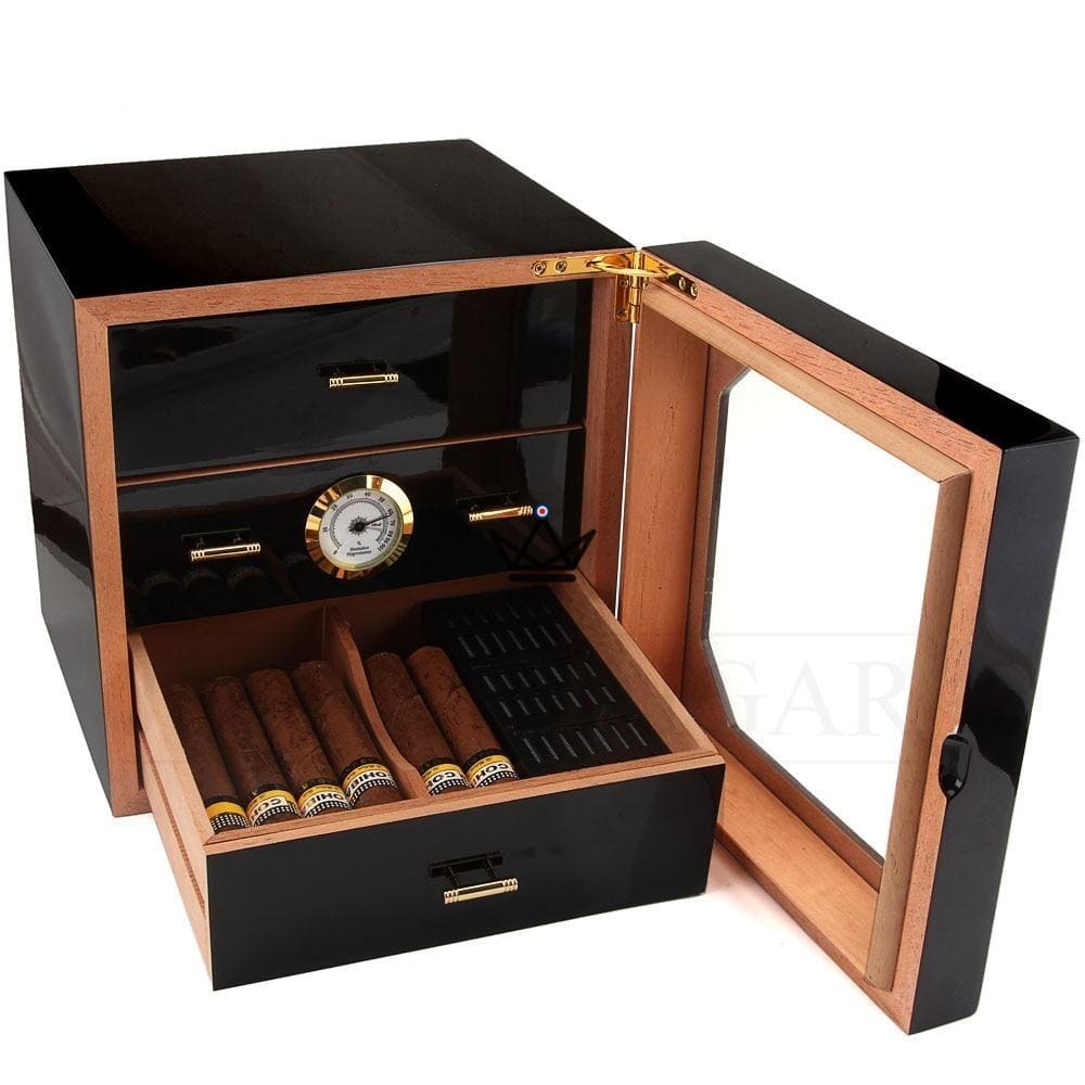 J.Hoover cigar humidor — black lacquer, glass door, Spanish cedar, 3 drawers, hygrometer, 80 cigars — view 3