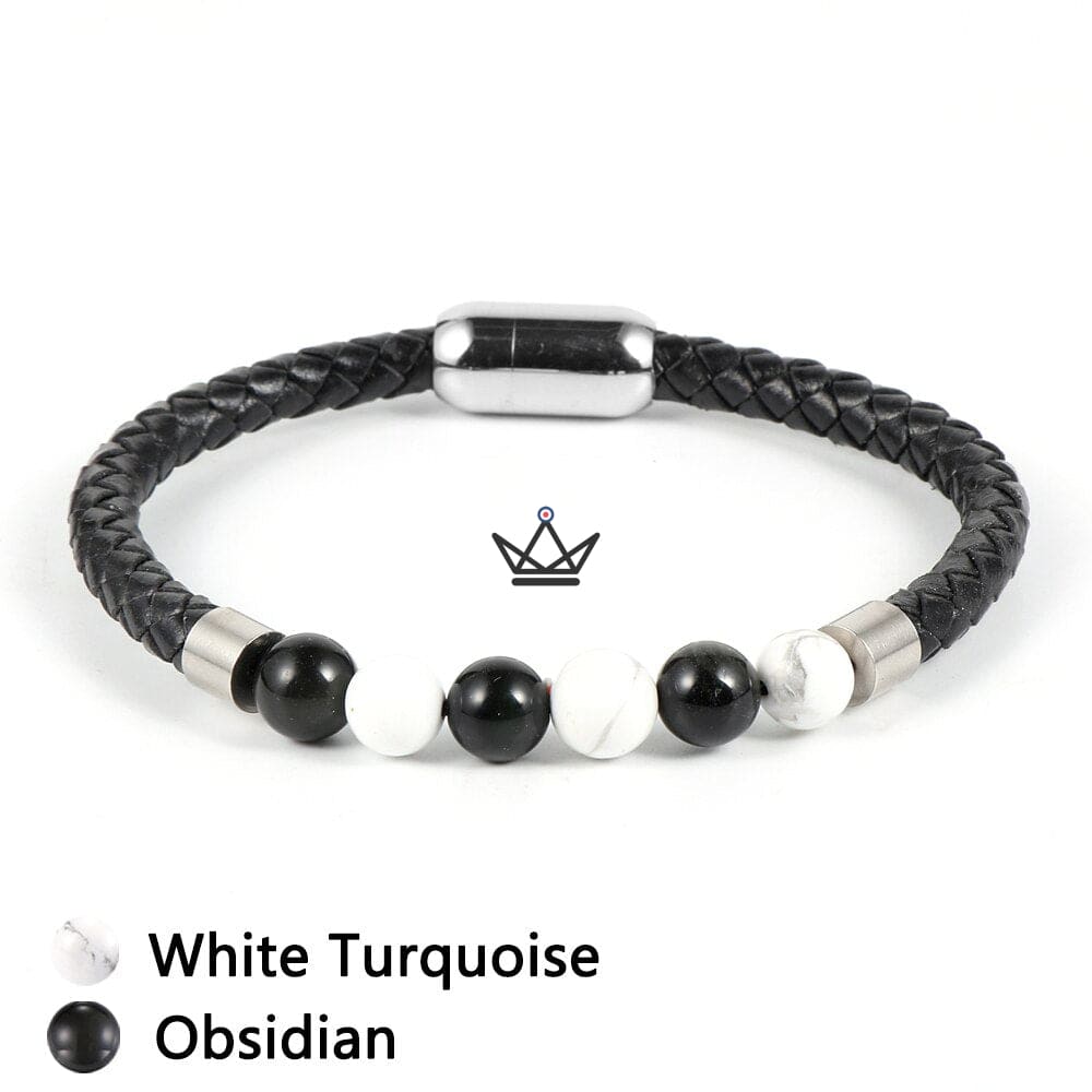 Leather Pearl Bracelet - Braided Leather & Natural Stones - 10 Stones — view 11