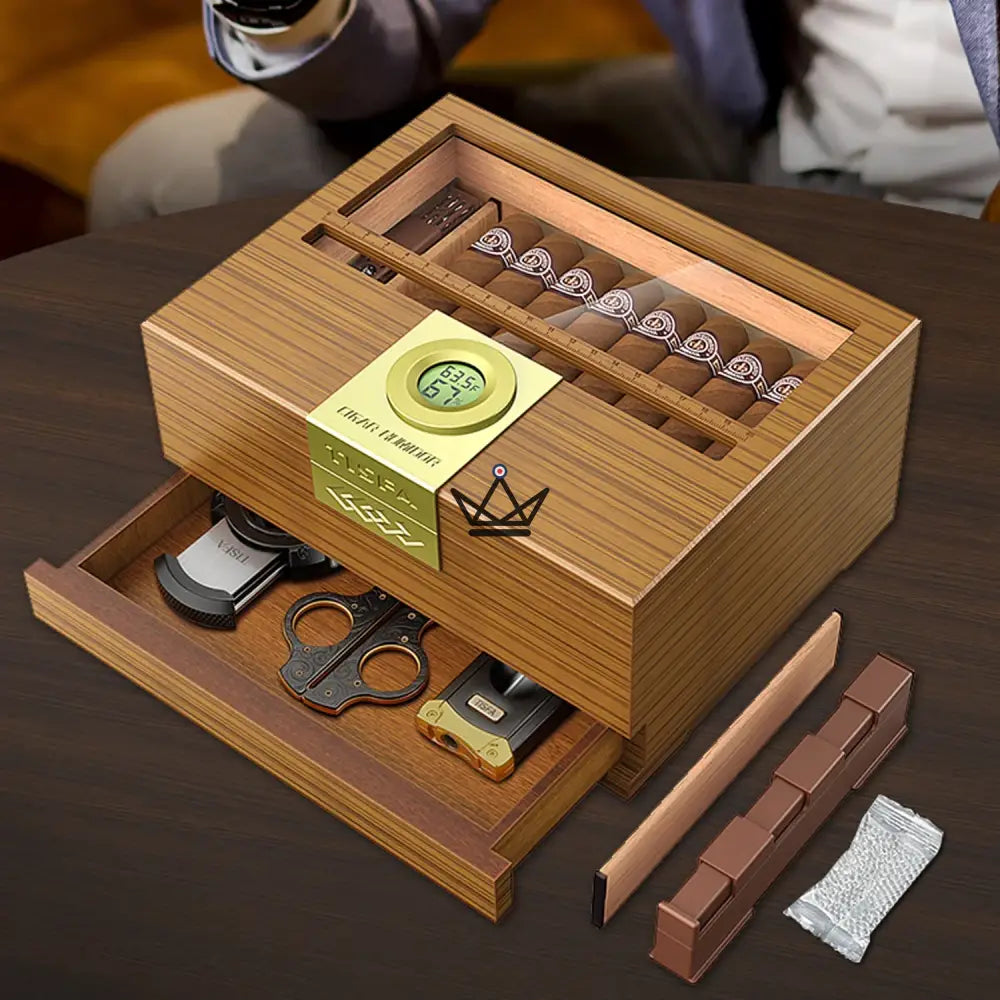 Humidor Horizon Edition: cedro español, tapa de vidrio, cajón, ónix o natural