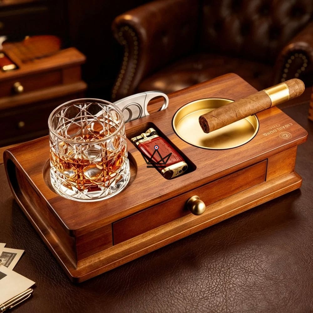 Whisky Butler — Solid Wood Cigar Ashtray, Glass Holder & Accessory Drawer — view 1