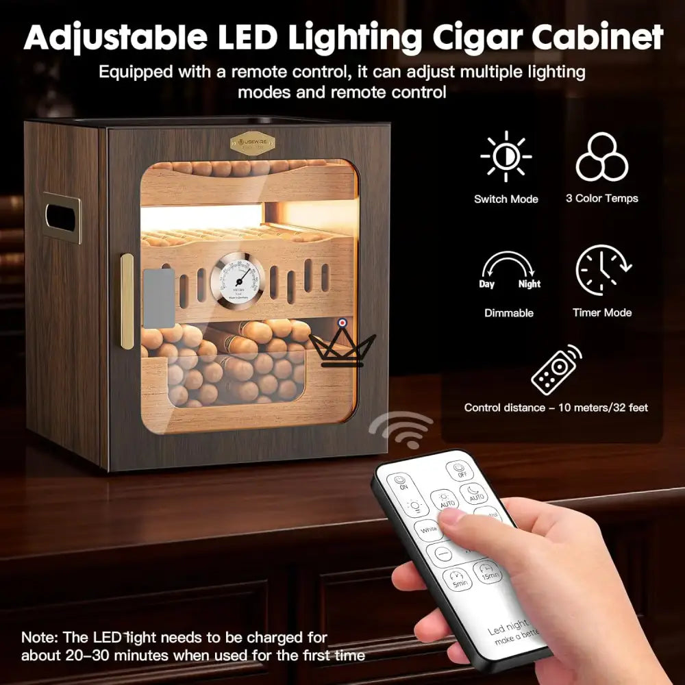 Crown Prestige Cigar Humidor - Varnished Spanish Cedar, Remote Control LED, Magnetic Glass Door, 3 Shelves, 120 Cigars, Case & Cutter Included — view 7