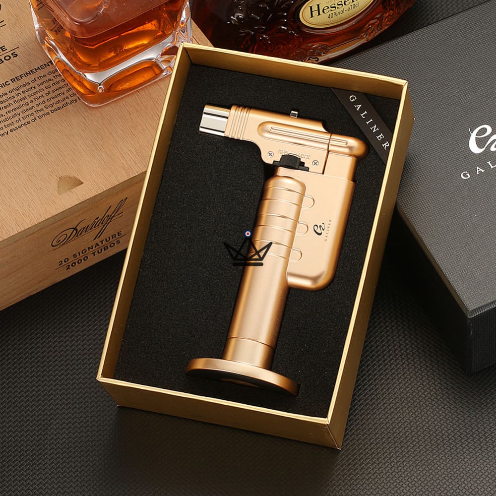 FIRE TITAN Giant Torch Lighter — XXL Size, Built-in Stand, Silver · Gold · Blue | Cigar Gift Box — Gold