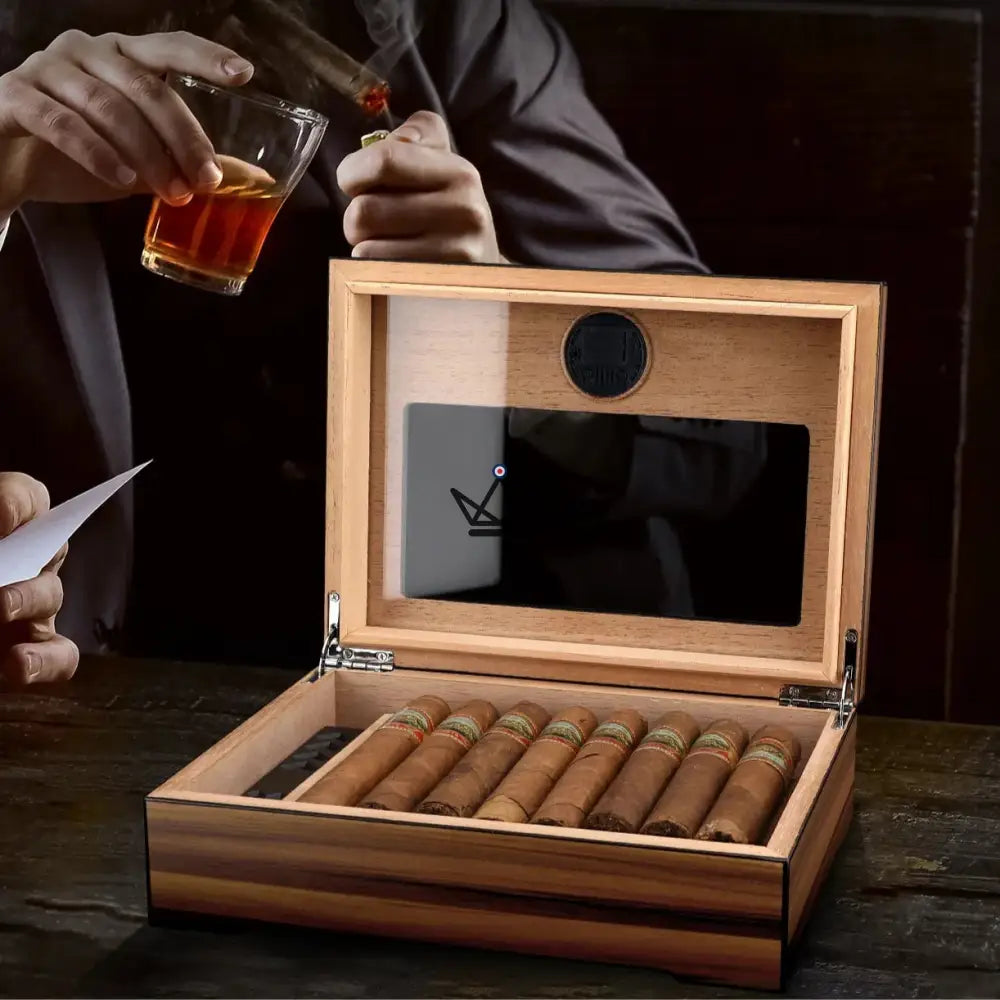 Vista Sun Humidor — Spanish Cedar, Walnut Finish, Glass Top, 20-30 Cigars, Digital Hygrometer & Gel Humidifier — view 4