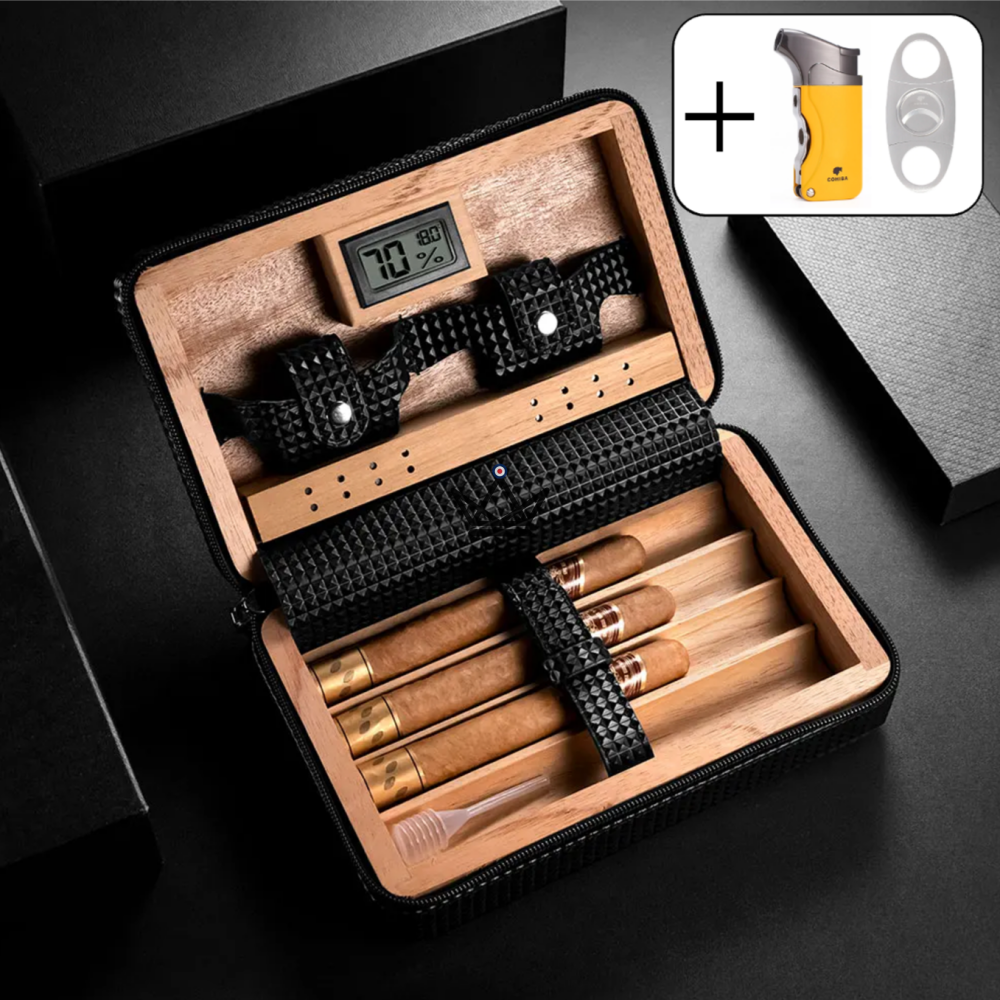 SIGNATURE STYLE Travel Humidor — black silicone leather, Spanish cedar, 5 cigars, digital hygrometer, Solo or Vargas Pack — view 7
